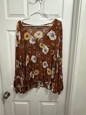 Hudson Gray Boho Floral Tie-Neck Tunic Top - Brown